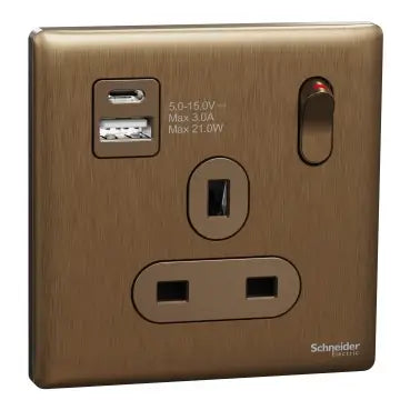 SCHNEIDER 13A Single Switched socket with A+C USB Charger Dark Bronze