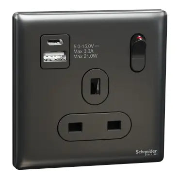 SCHNEIDER 13A Single Switched socket with A+C USB Charger Dark Grey
