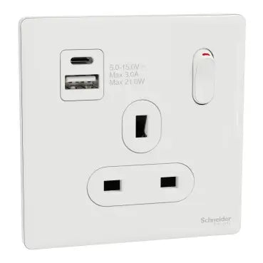 SCHNEIDER 13A Single Switched socket with A+C USB Charger Painted White