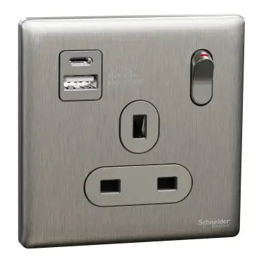 SCHNEIDER 13A Single Switched socket with A+C USB Charger Stainless Steel