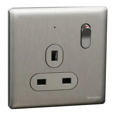 SCHNEIDER 13A 250V 1 Gang Double Pole
Switched Socket with LED Stainless Steel