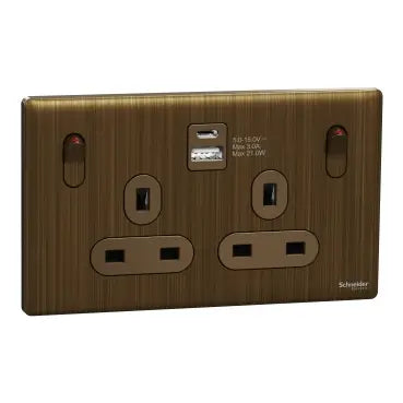 SCHNEIDER 13A Twin Switched socket with A+C USB Charger Antique Brass