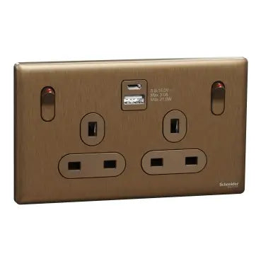 SCHNEIDER 13A Twin Switched socket with A+C USB Charger Dark Bronze