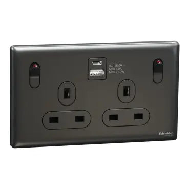SCHNEIDER 13A Twin Switched socket with A+C USB Charger Dark Grey