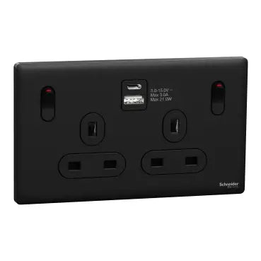 SCHNEIDER 13A Twin Switched socket with A+C USB Charger Jet Black