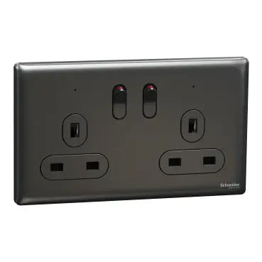 SCHNEIDER 13A 250V 2 Gang Double Pole Switched Socket With LED Dark Grey