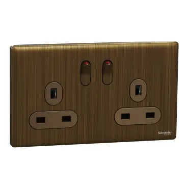 SCHNEIDER 13A 250V 2 Gang Double Pole
Switched Socket With LED Antique Brass