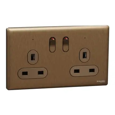 SCHNEIDER 13A 250V Twin Gang Switched Socket with LED  Dark Bronze