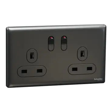 SCHNEIDER 13A 250V Twin Gang Switched Socket Dark Grey
