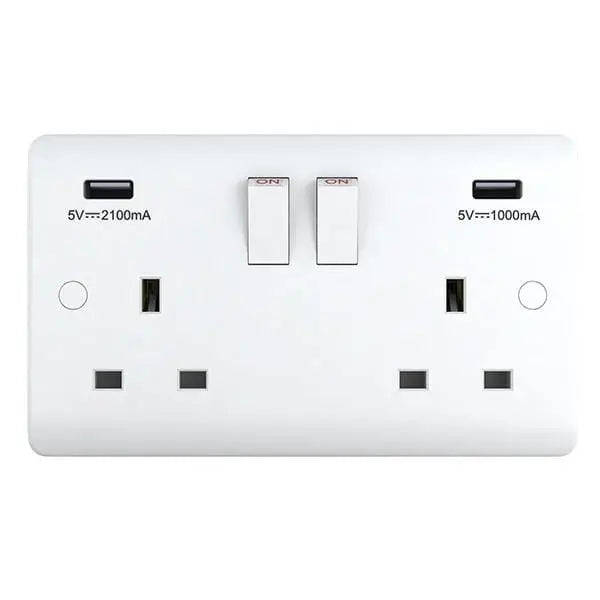 SNOWLITE 13A 2 Gang USB Switched Socket with USB Output 3.1Amp