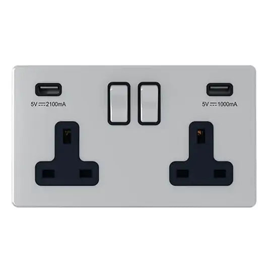 SNOWLITE 13A 2 Gang USB Switched Socket USB Output 3.1Amp Silver