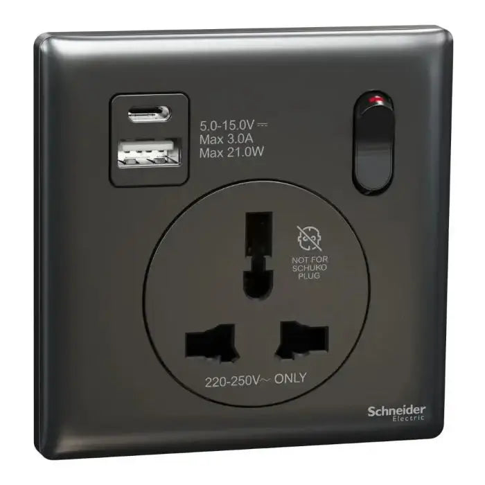 SCHNEIDER 16A 1 Gang International socket with USB Dark Grey