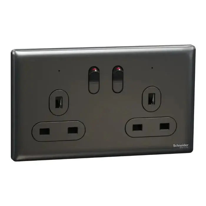 SCHNEIDER 13A 250V Twin Gang Switched Socket with LED Dark Grey